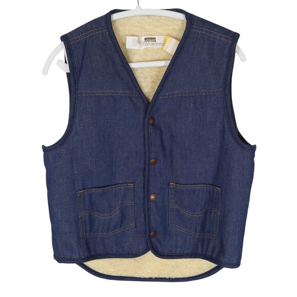 Vintage MONTGOMREY WARD Faux Shearling Denim Vest Size M NOS Western Cowboy - Picture 1 of 8